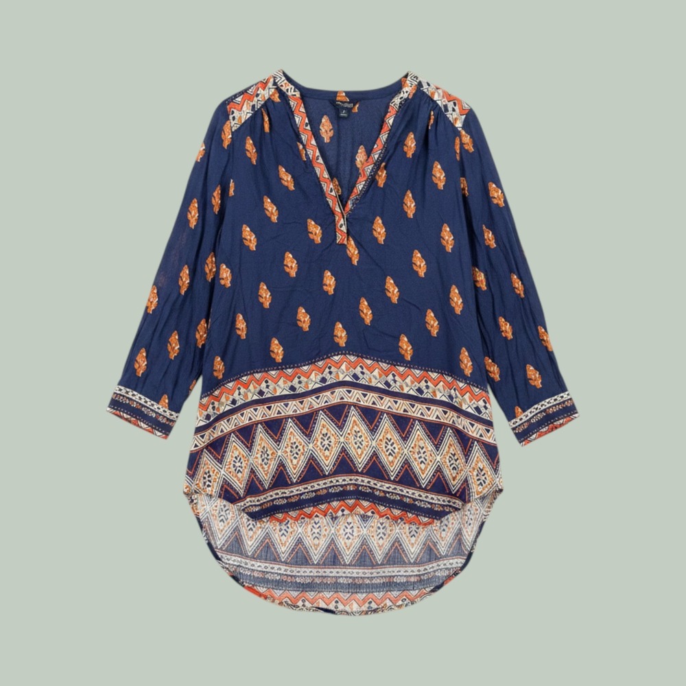 Lucky Brand Women Navy Blue Orange Boho Geometric Print Tunic Top Medium Cowgirl